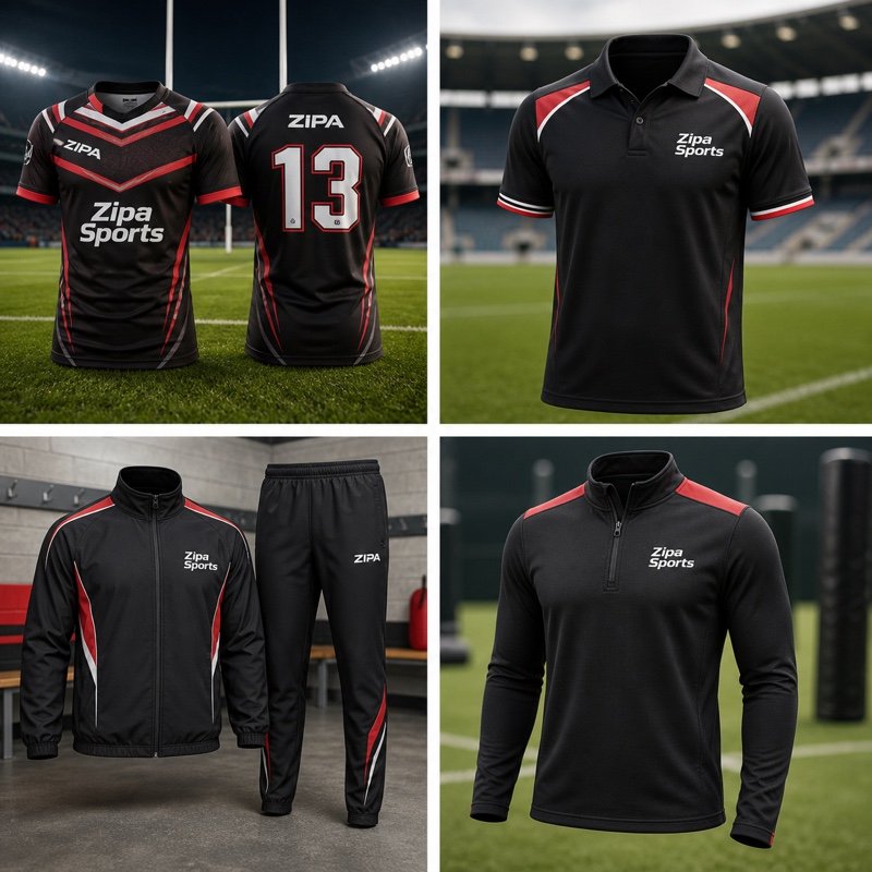 Custom rugby presentation tracksuit with embroidered club crest manufactured by ZipaSports