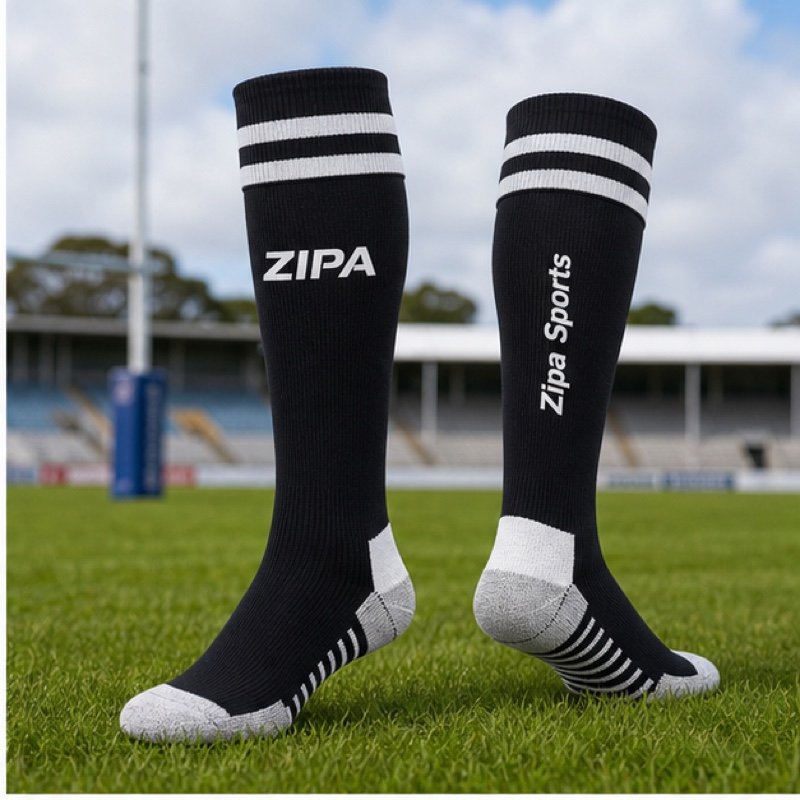 Custom hooped rugby socks with reinforced heel and toe manufactured by ZipaSports