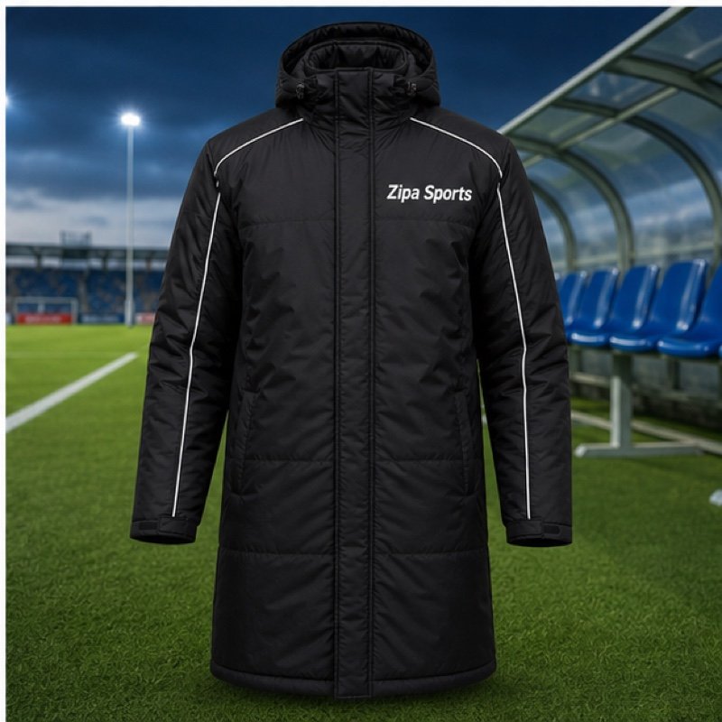 Custom rugby touchline rain jacket with taped seams manufactured by ZipaSports