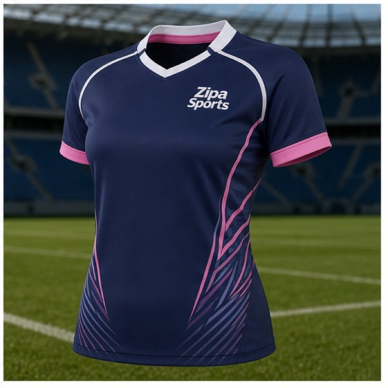 Custom women's rugby jersey with shaped side panels manufactured by ZipaSports