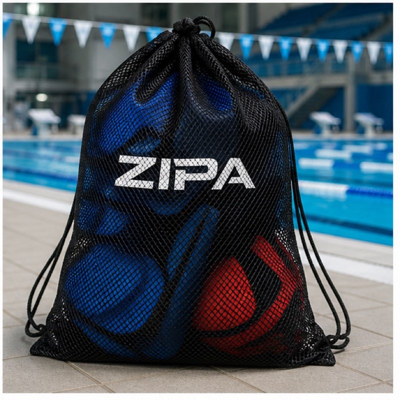 Custom mesh swim gear bag with 600D polyester base and club branding manufactured by ZipaSports