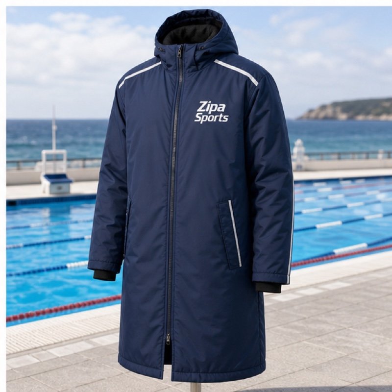 Custom insulated swim parka with fleece lining manufactured by ZipaSports