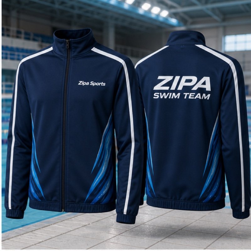 Custom swim team warm-up jacket manufactured by ZipaSports