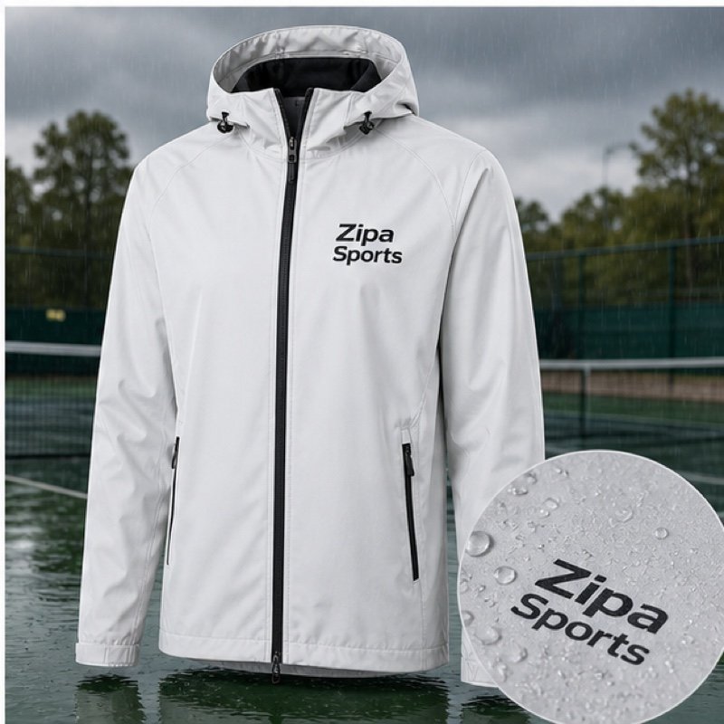 Custom tennis rain jacket with taped seams and club crest manufactured by ZipaSports