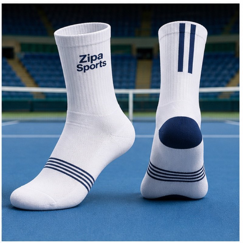 Custom tennis performance socks with knitted club logo manufactured by ZipaSports