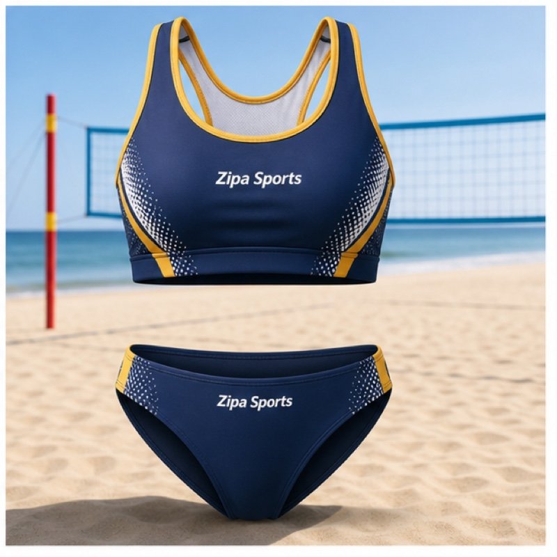 Custom beach volleyball two-piece kit with sublimated all-over print manufactured by ZipaSports