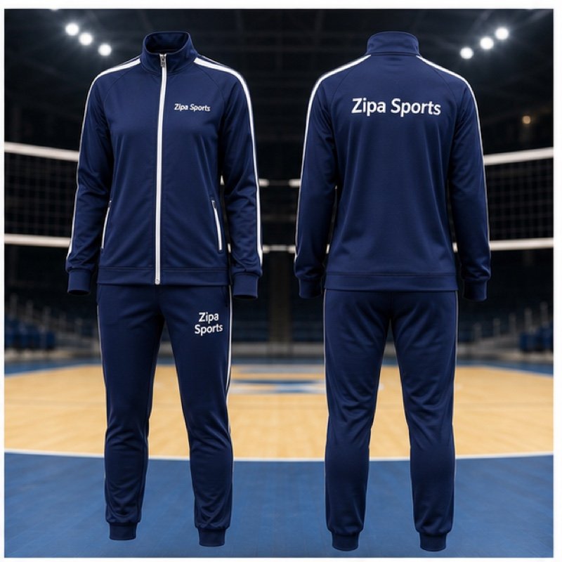 Custom volleyball travel tracksuit with embroidered club crest manufactured by ZipaSports