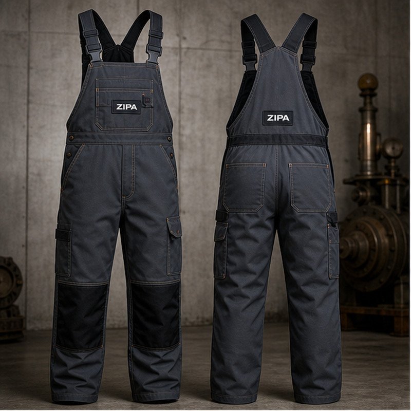 Custom bib and brace dungaree overalls in 300 GSM cotton twill manufactured by ZipaSports