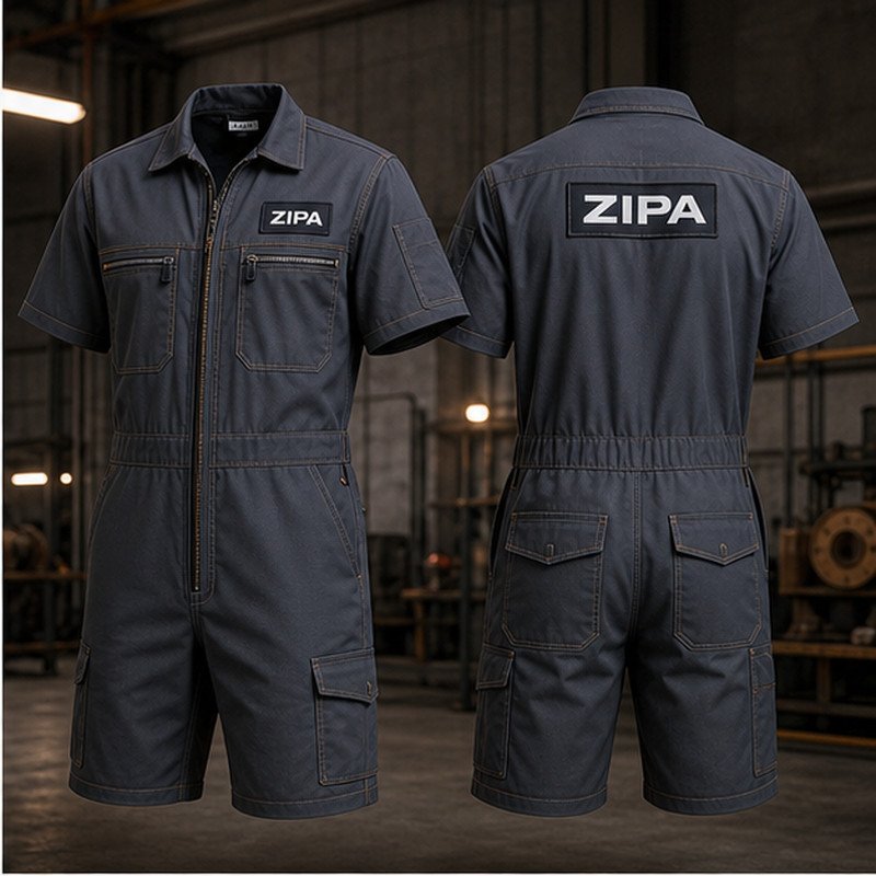 Custom short-leg boilersuit shorts in poly-cotton twill manufactured by ZipaSports