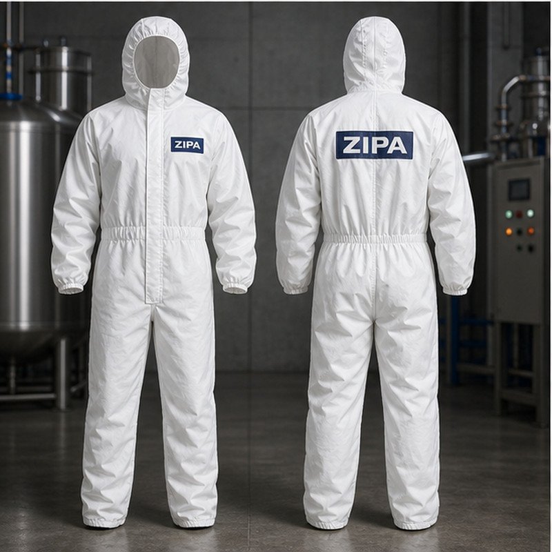 Custom cleanroom coveralls in low-lint polyester with carbon grid yarn manufactured by ZipaSports