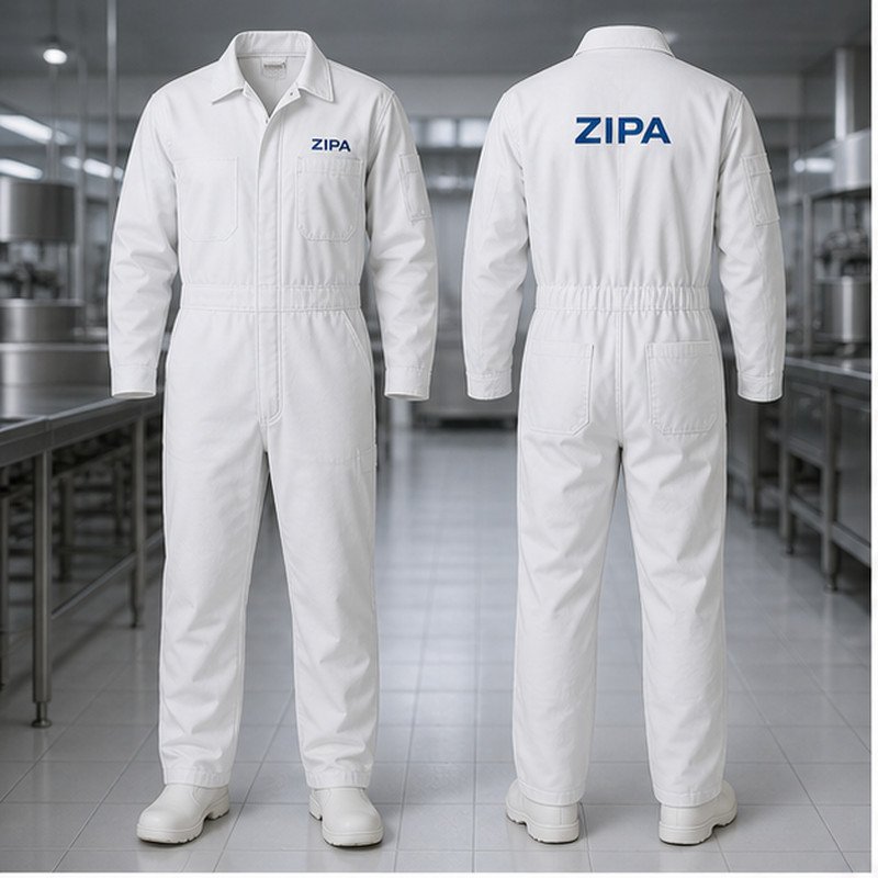 Custom white food industry work coat with concealed studs manufactured by ZipaSports
