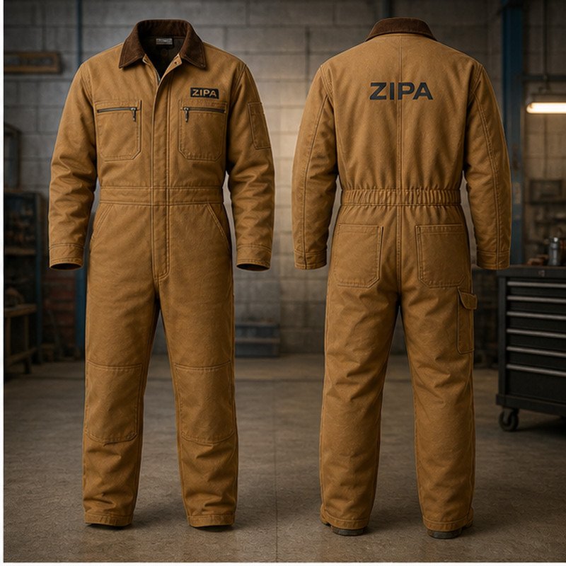 Custom heavy duty canvas work coveralls with double layer knees manufactured by ZipaSports