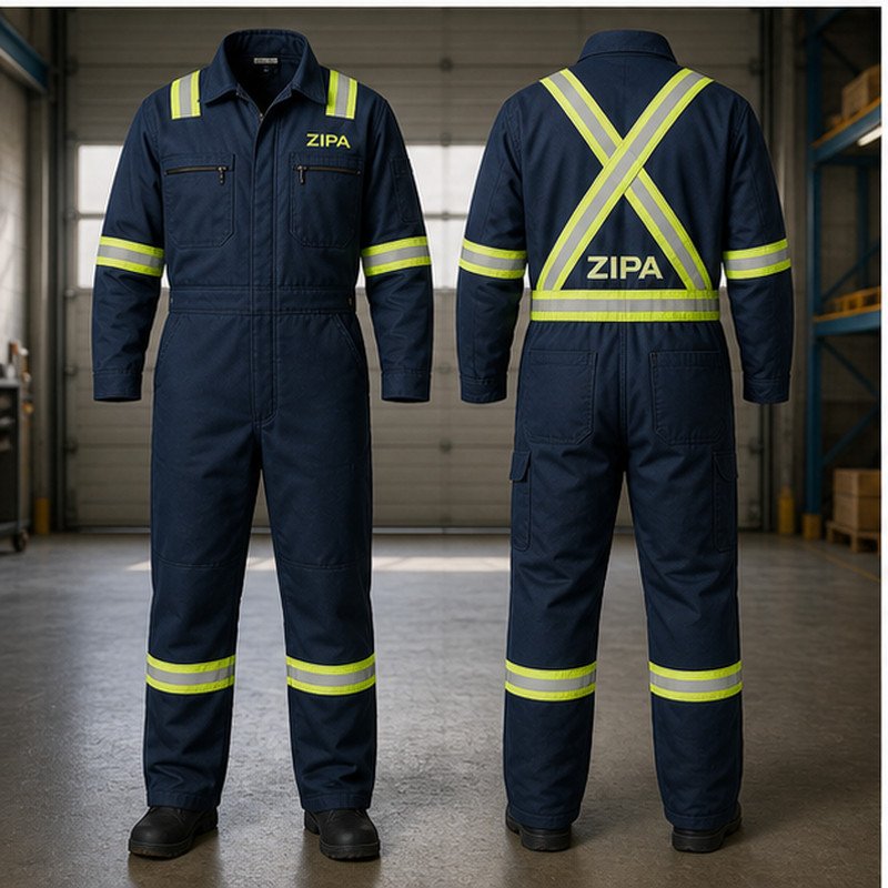 Custom hi-vis trim work coveralls with retroreflective banding manufactured by ZipaSports
