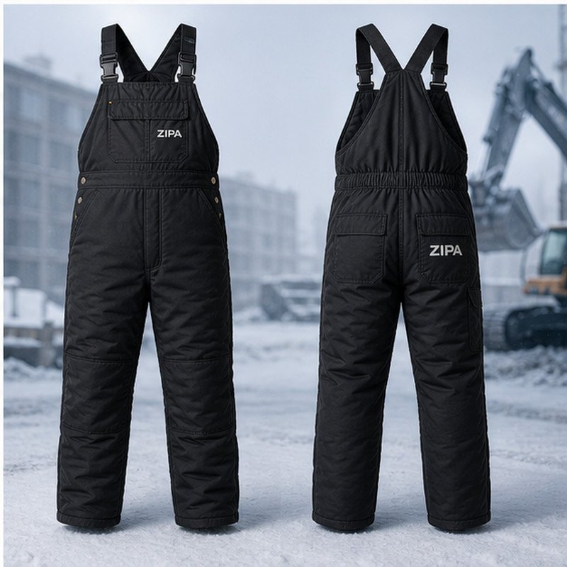 Custom insulated bib overalls with quilted lining and leg zips manufactured by ZipaSports