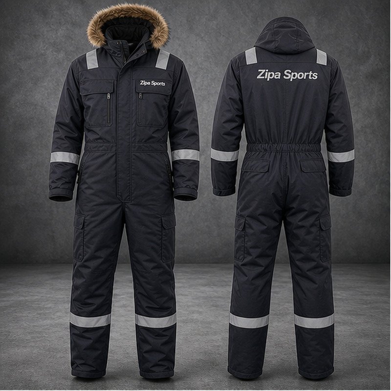 Custom insulated winter work coveralls in quilt-lined poly-cotton twill manufactured by ZipaSports