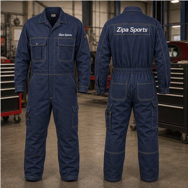 Custom mechanic work overalls with ripstop knee panels manufactured by ZipaSports