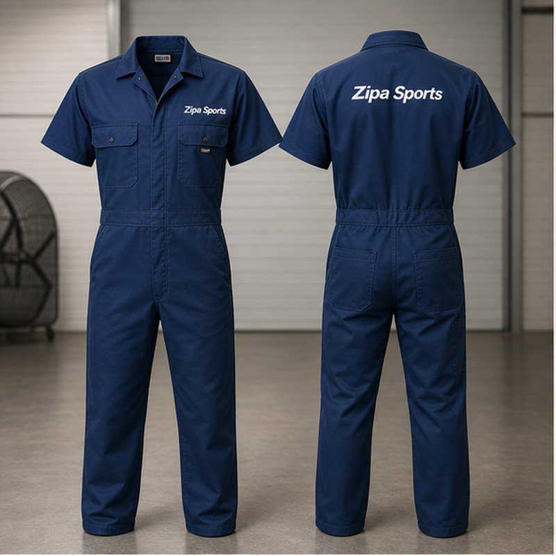 Custom short-sleeve summer work coveralls in poly-cotton twill manufactured by ZipaSports