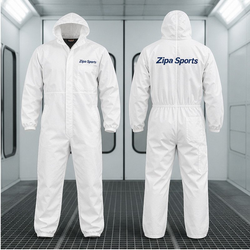 Custom lint-free spray painters coveralls in polyester with hood manufactured by ZipaSports
