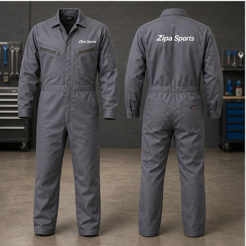 Custom standard work coveralls with concealed stud front manufactured by ZipaSports