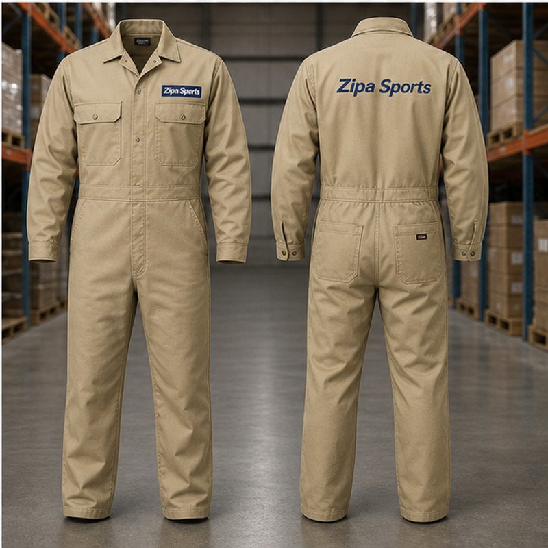 Custom press-stud front warehouse coveralls in poly-cotton twill manufactured by ZipaSports