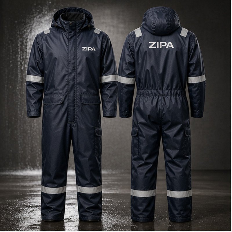 Custom waterproof shell work coveralls in PU-coated polyester manufactured by ZipaSports