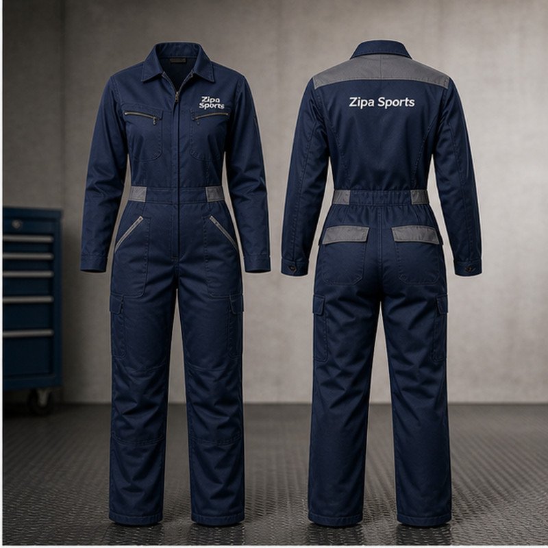 Custom women's fit work coveralls with shaped waist manufactured by ZipaSports