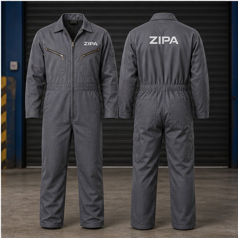 Custom zip front boiler suit with action back pleats manufactured by ZipaSports