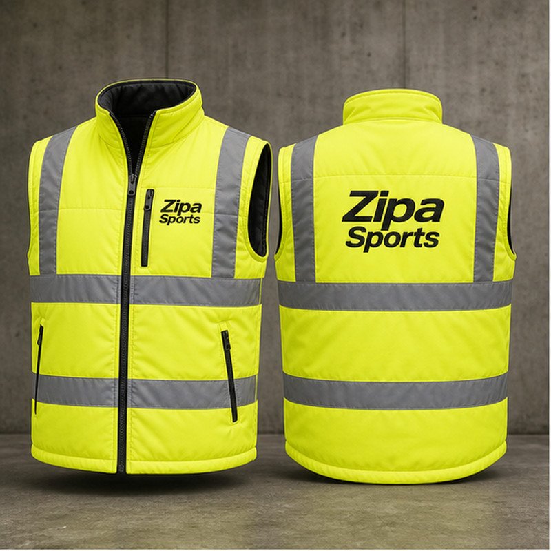 Custom hi-vis padded bodywarmer manufactured by ZipaSports