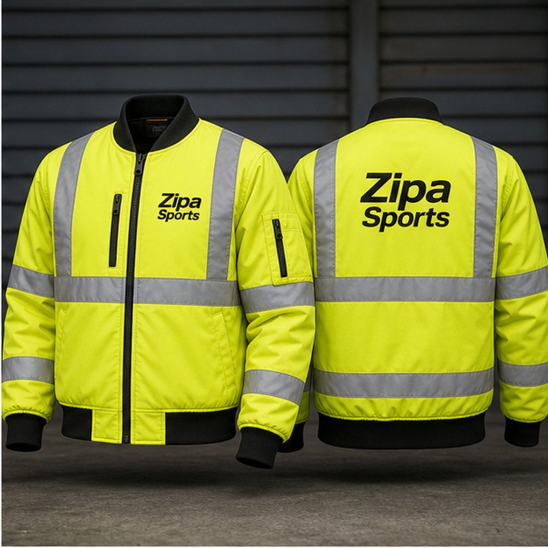 Custom hi-vis bomber jackets with quilted lining and reflective tape manufactured by ZipaSports