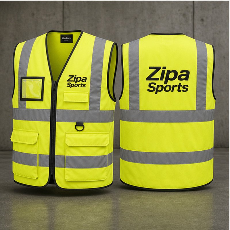 Custom hi-vis executive waistcoat with multiple pockets manufactured by ZipaSports