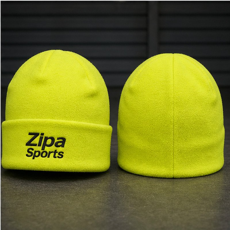 Custom hi-vis fleece beanie hat with reflective band manufactured by ZipaSports