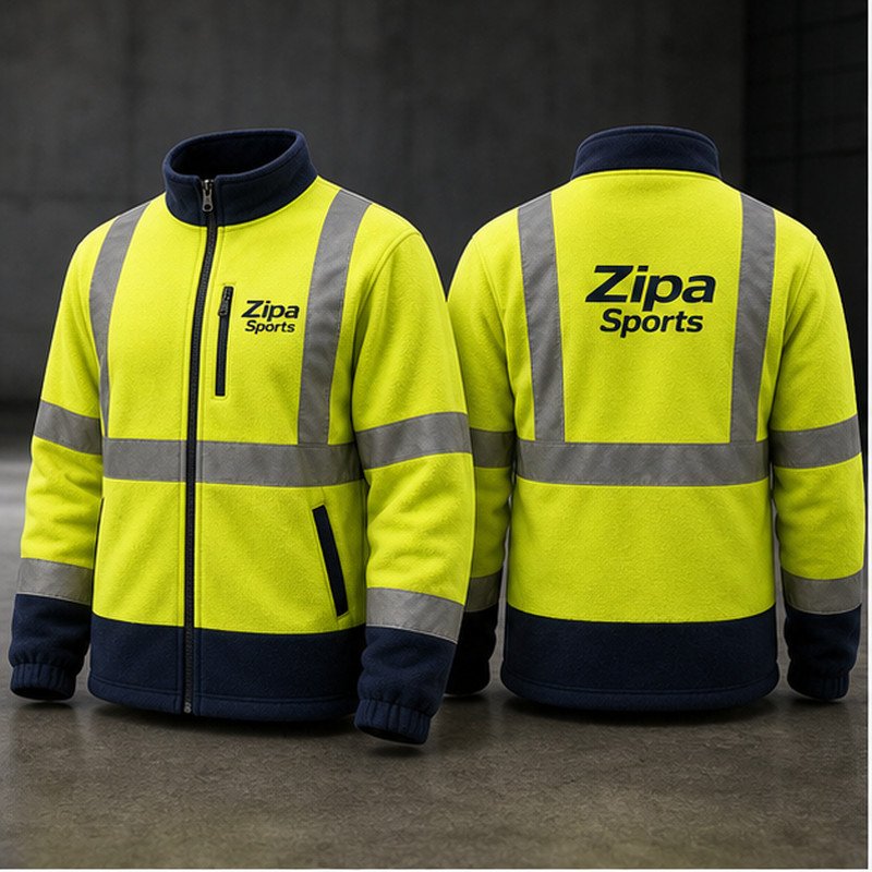 Custom hi-vis full-zip fleece work jacket manufactured by ZipaSports