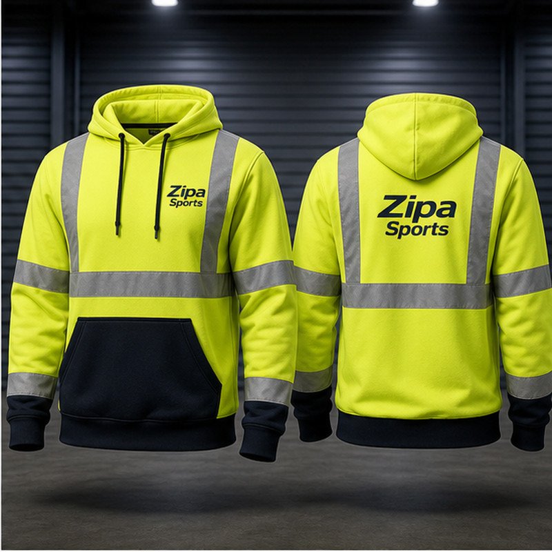 Custom hi-vis fleece hoodies with retro-reflective tape manufactured by ZipaSports