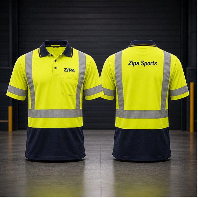 Custom hi-vis polo shirts with reflective tape and button placket manufactured by ZipaSports