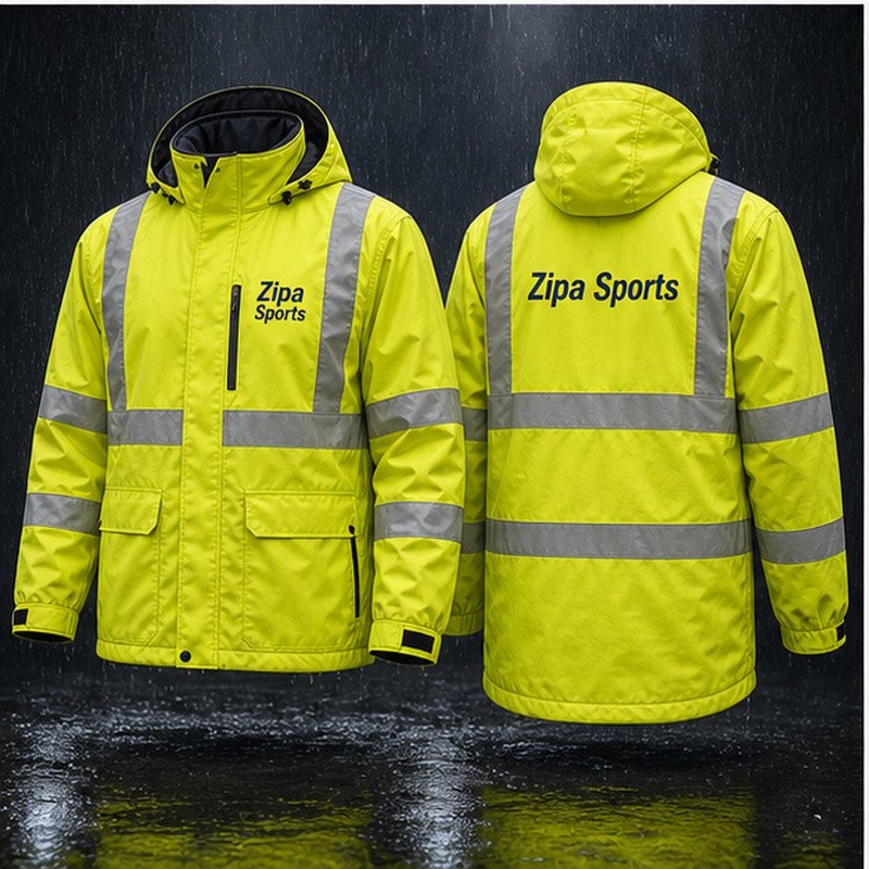 Custom hi-vis waterproof rain jacket manufactured by ZipaSports