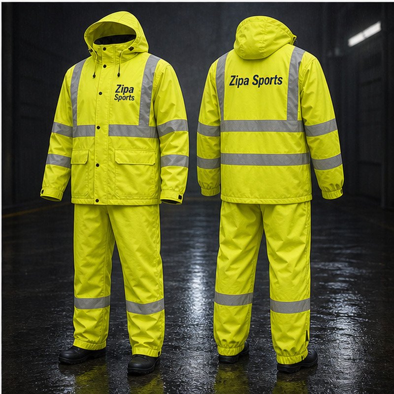 Custom hi-vis waterproof rain suits with taped seams and reflective bands manufactured by ZipaSports