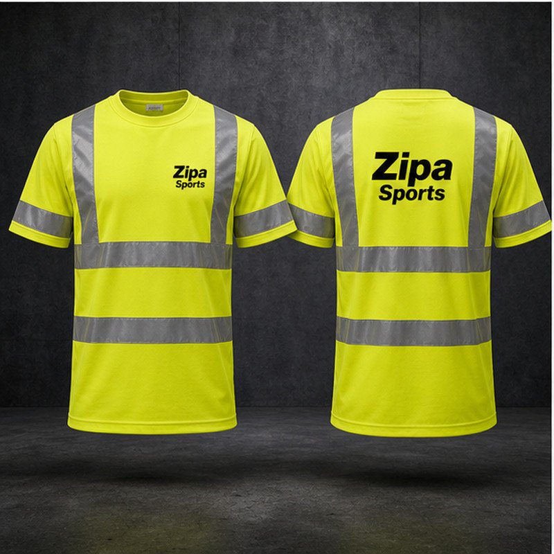Custom hi-vis t-shirts with retro-reflective body and shoulder tape manufactured by ZipaSports