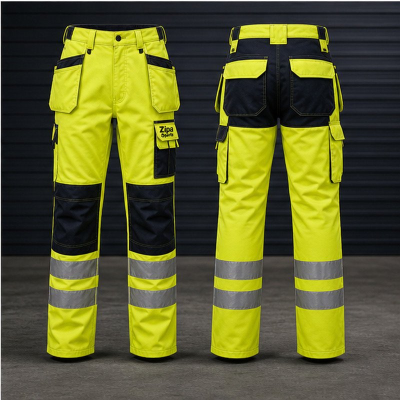 Custom hi-vis work trousers with cargo pockets and reflective leg bands manufactured by ZipaSports
