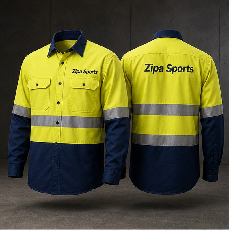Custom hi-vis two-tone button-front work shirt manufactured by ZipaSports