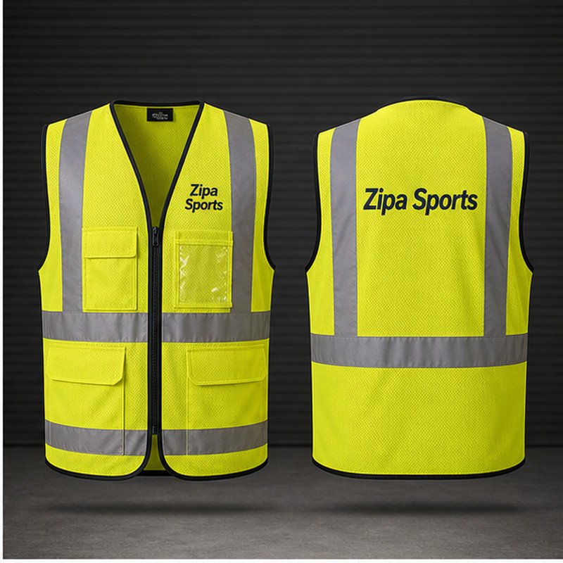 Custom hi-vis safety vests with 5cm retro-reflective tape manufactured by ZipaSports