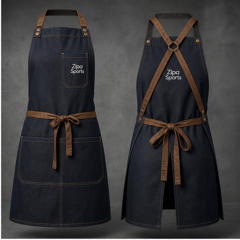 Custom full bib aprons in 285 GSM poly-cotton twill with adjustable neck strap manufactured by ZipaSports
