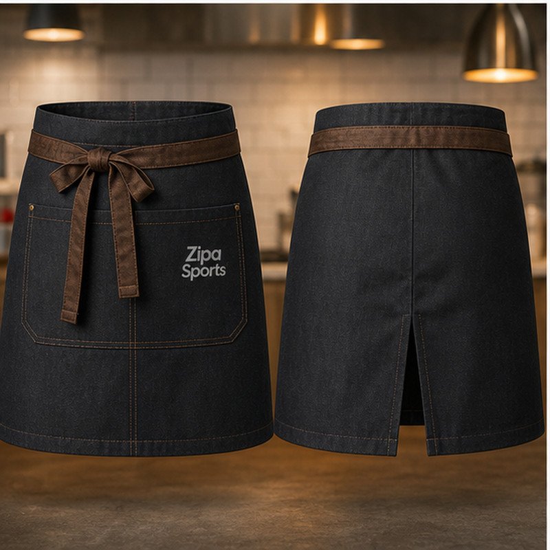 Custom long bistro aprons in 260 GSM poly-cotton twill manufactured by ZipaSports