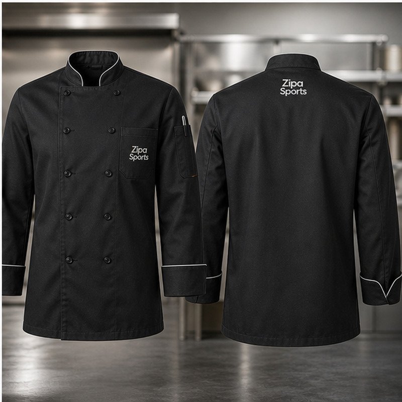 Custom double-breasted chef jackets in 245 GSM poly-cotton twill manufactured by ZipaSports