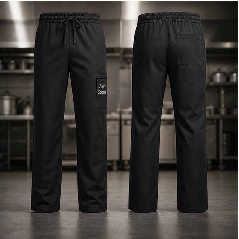 Custom chef trousers in 245 GSM poly-cotton twill with elasticated waistband manufactured by ZipaSports