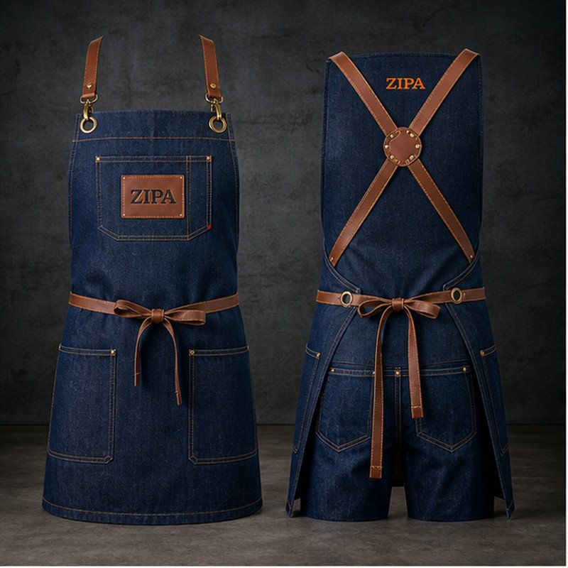 Custom denim barista aprons in 340 GSM washed denim with cross-back straps manufactured by ZipaSports