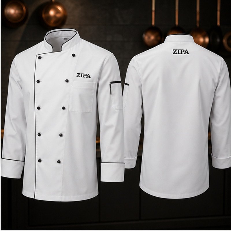 Custom executive chef coats in 240 GSM cotton twill with piped collar manufactured by ZipaSports