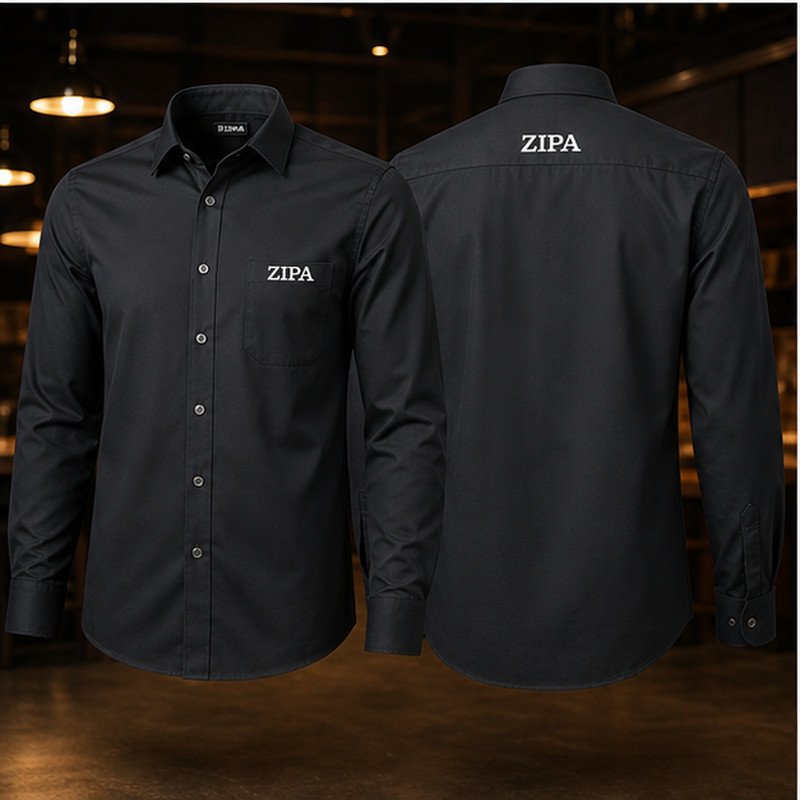 Custom front-of-house bistro shirts in poly-cotton poplin manufactured by ZipaSports