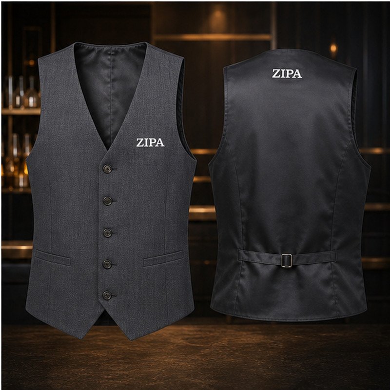 Custom hospitality waistcoats with satin back panel manufactured by ZipaSports