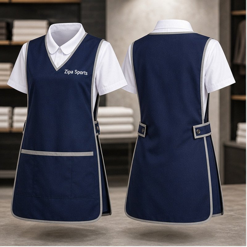 Custom housekeeping tabards in 195 GSM poly-cotton with side stud fastening manufactured by ZipaSports