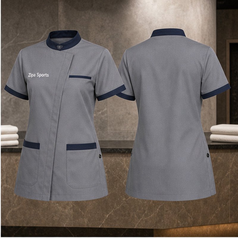 Custom hotel housekeeping tunics in 195 GSM poly-cotton manufactured by ZipaSports